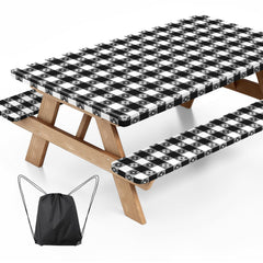 Ymomode picnic table cover set with black and white four-leaf clover design