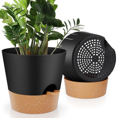 YNNICO 10-Inch Black Plant Pot with Saucer Front View