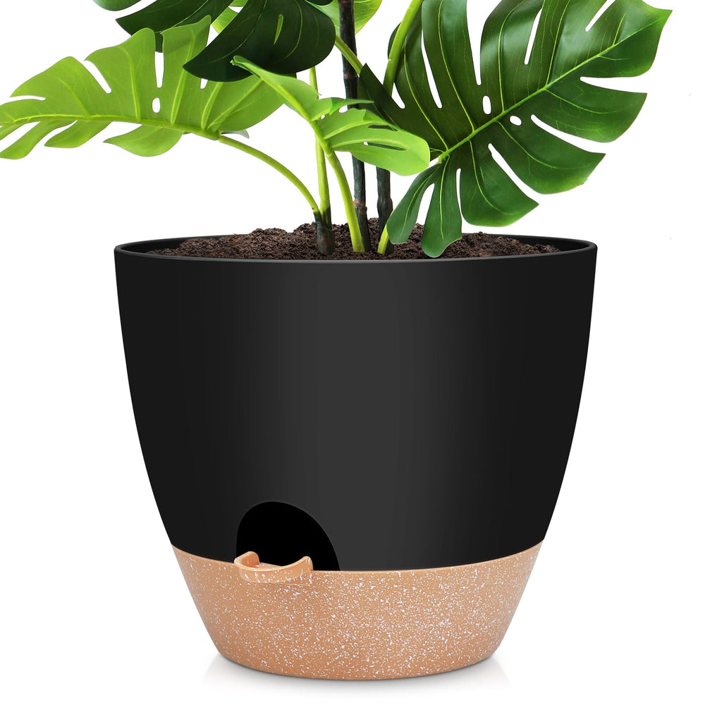 YNNICO 12 Inch Large Self Watering Plant Pot, black, front view