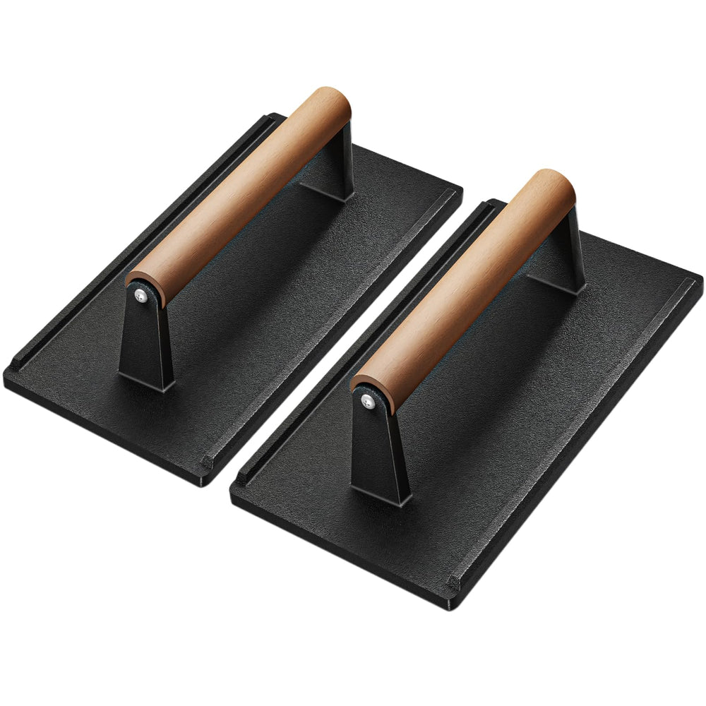 Yoehka Cast Iron Grill Press front view with wooden handle