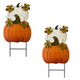 YUMBOR metal pumpkin yard stake front view, vibrant orange and white