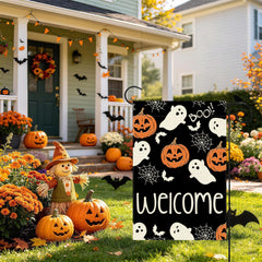 ZAEW Halloween Garden Flag side view showing stitched sleeve