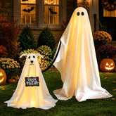 Zesua Halloween Ghost & Dog Decor Set front view with warm white lights