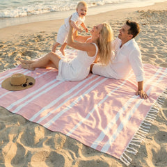 ZICOTO Extra Large Beach Blanket 80x80 inches pink with tassels front view