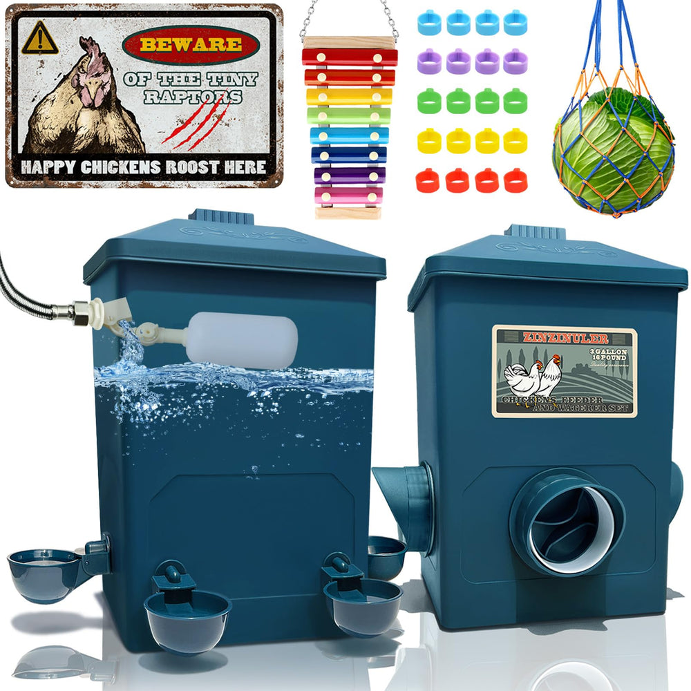 ZINZINULER Chicken Feeder front view, Steel Blue