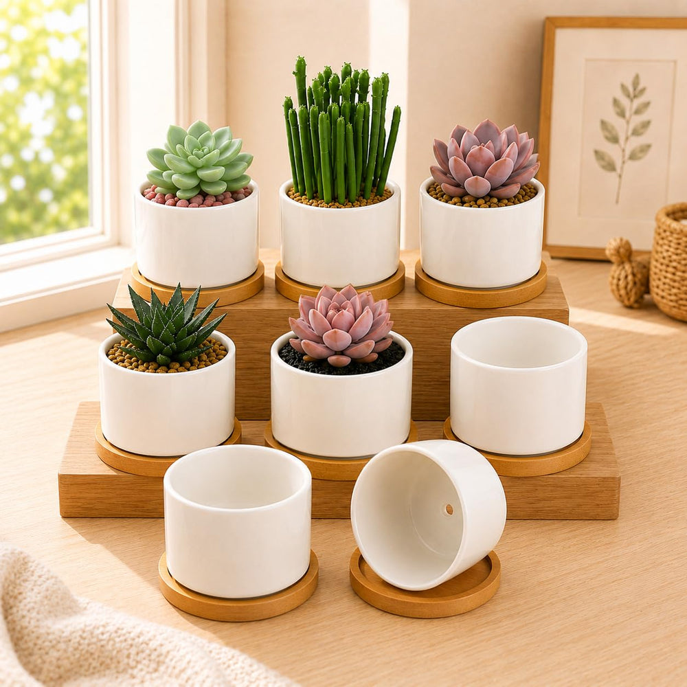 ZOUTOG 8 pack ceramic succulent pots with bamboo tray