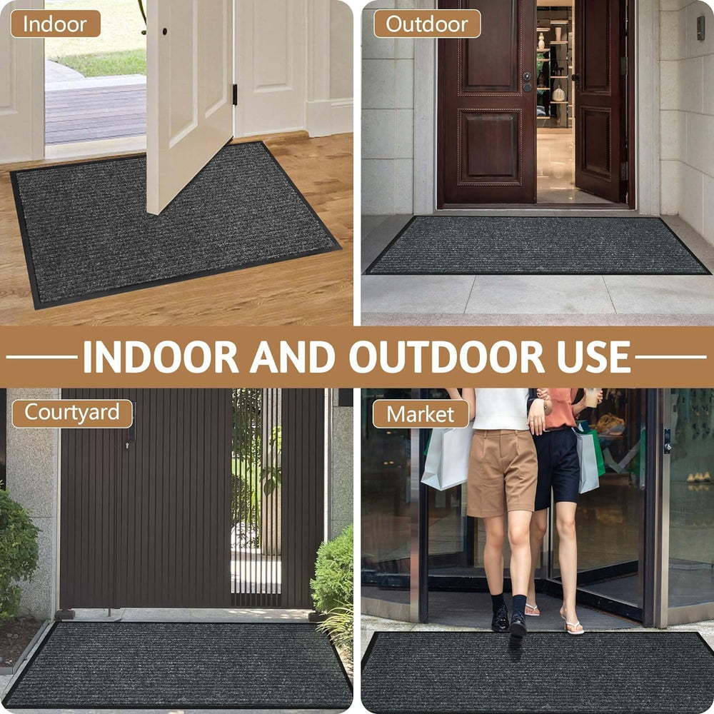 100pointONE Door Mat dark grey striped design on patio