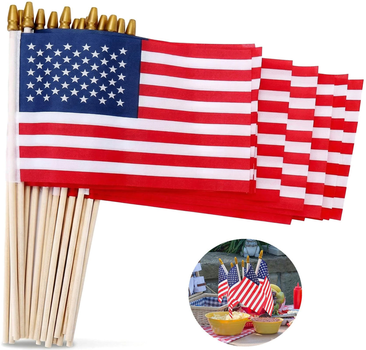 12 PNIOTAIN American flags on sticks displayed outdoors
