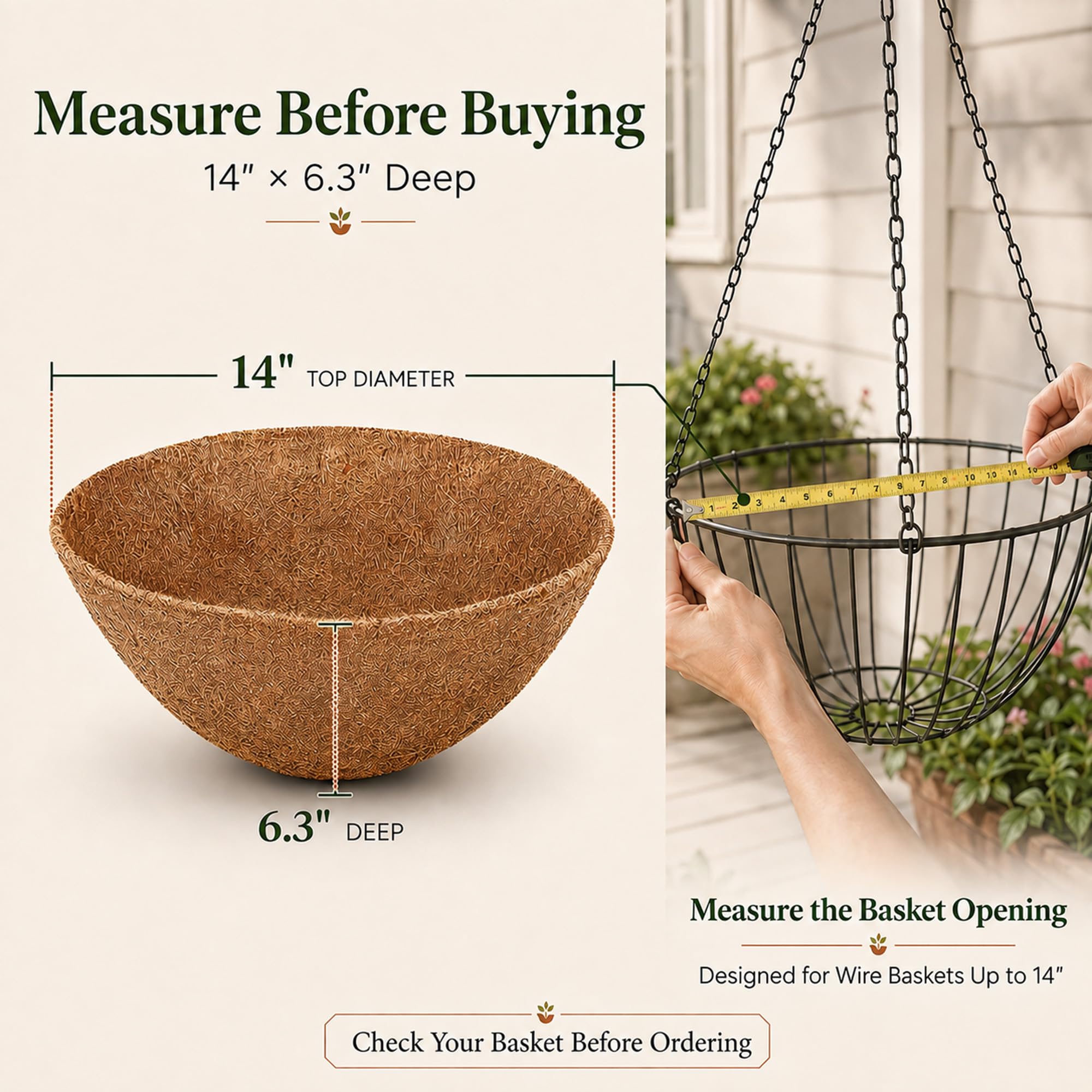 14 Inch round coco liner in a hanging basket