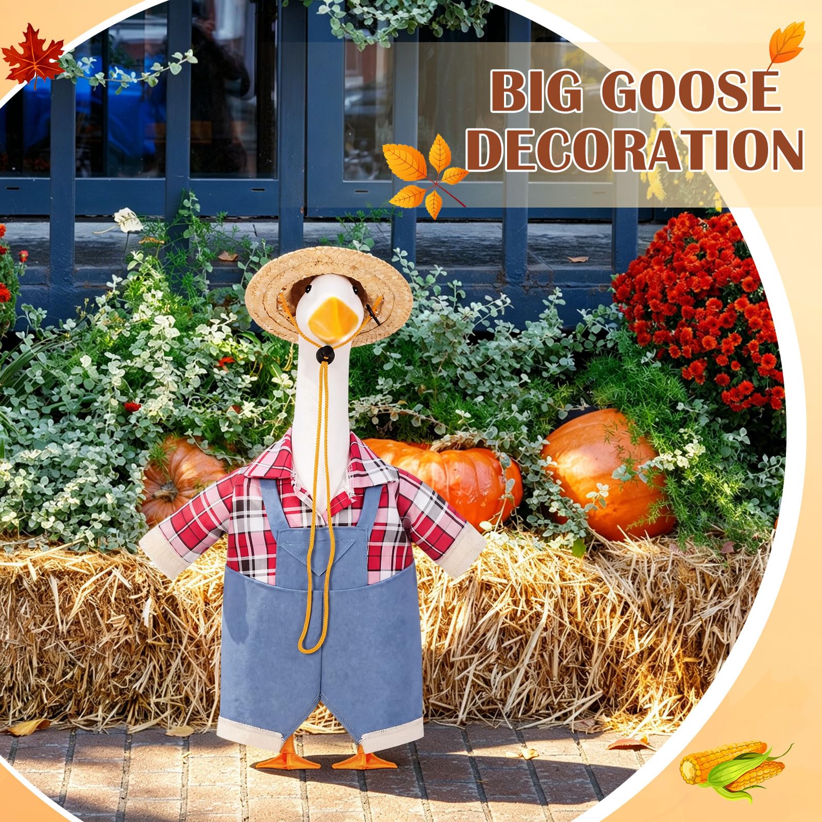 17 inch goose wearing Dansydaisy Halloween outfit in a garden setting