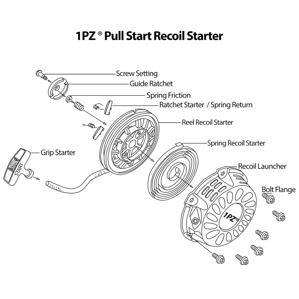 1PZ branded box containing recoil starter and screws