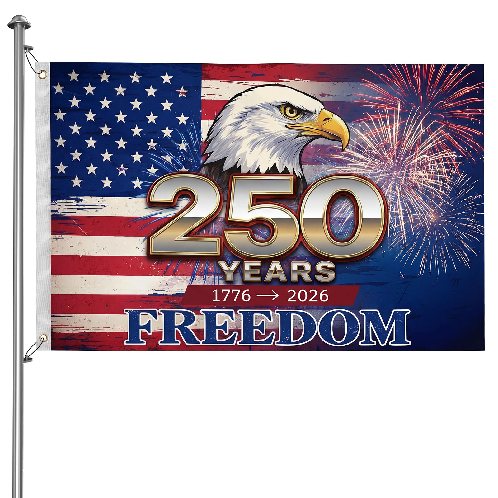 250th Anniversary USA Flag 3x5 FT, front view with FREEDOM design