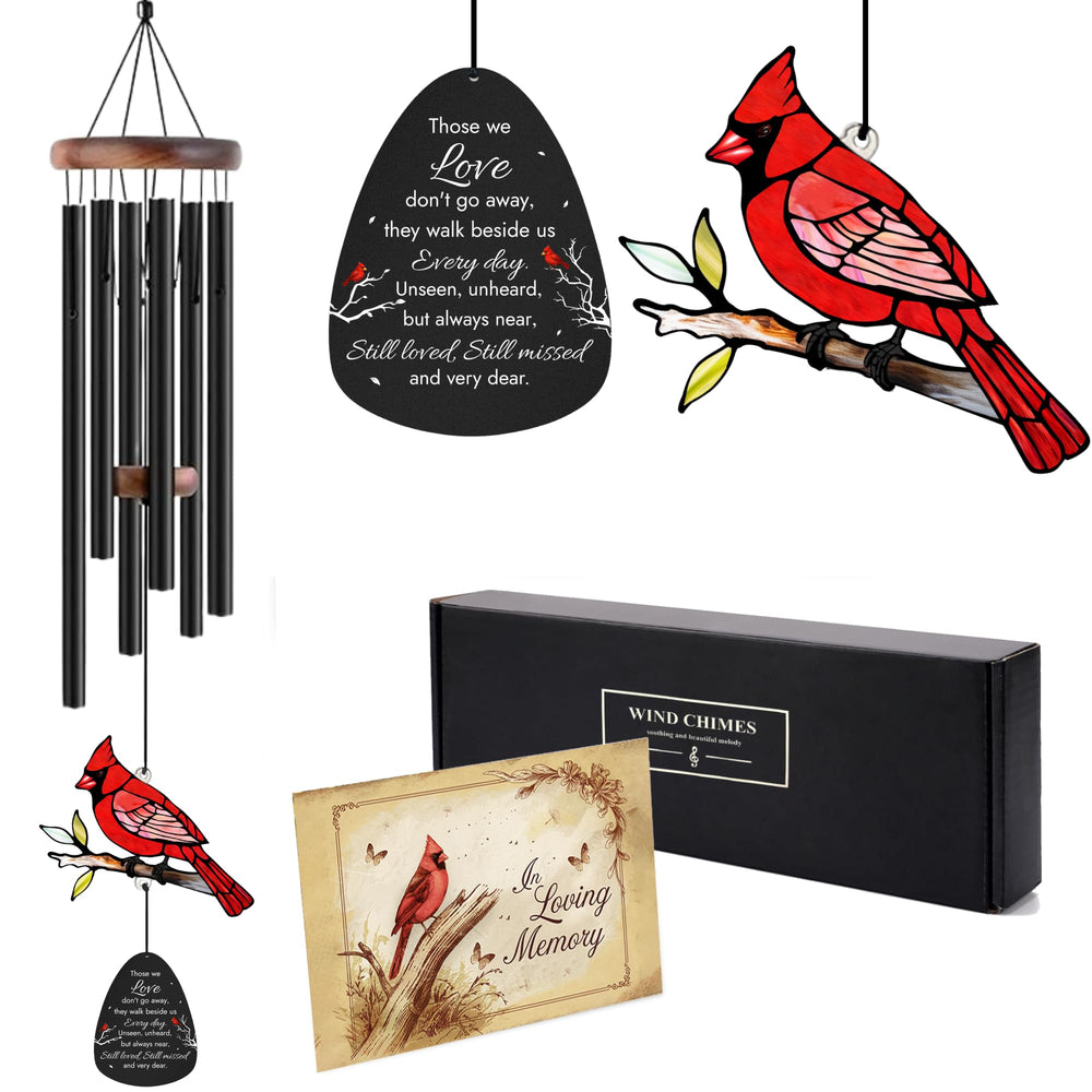 2IMT Memorial Wind Chimes 36-inch black with cardinal suncatcher