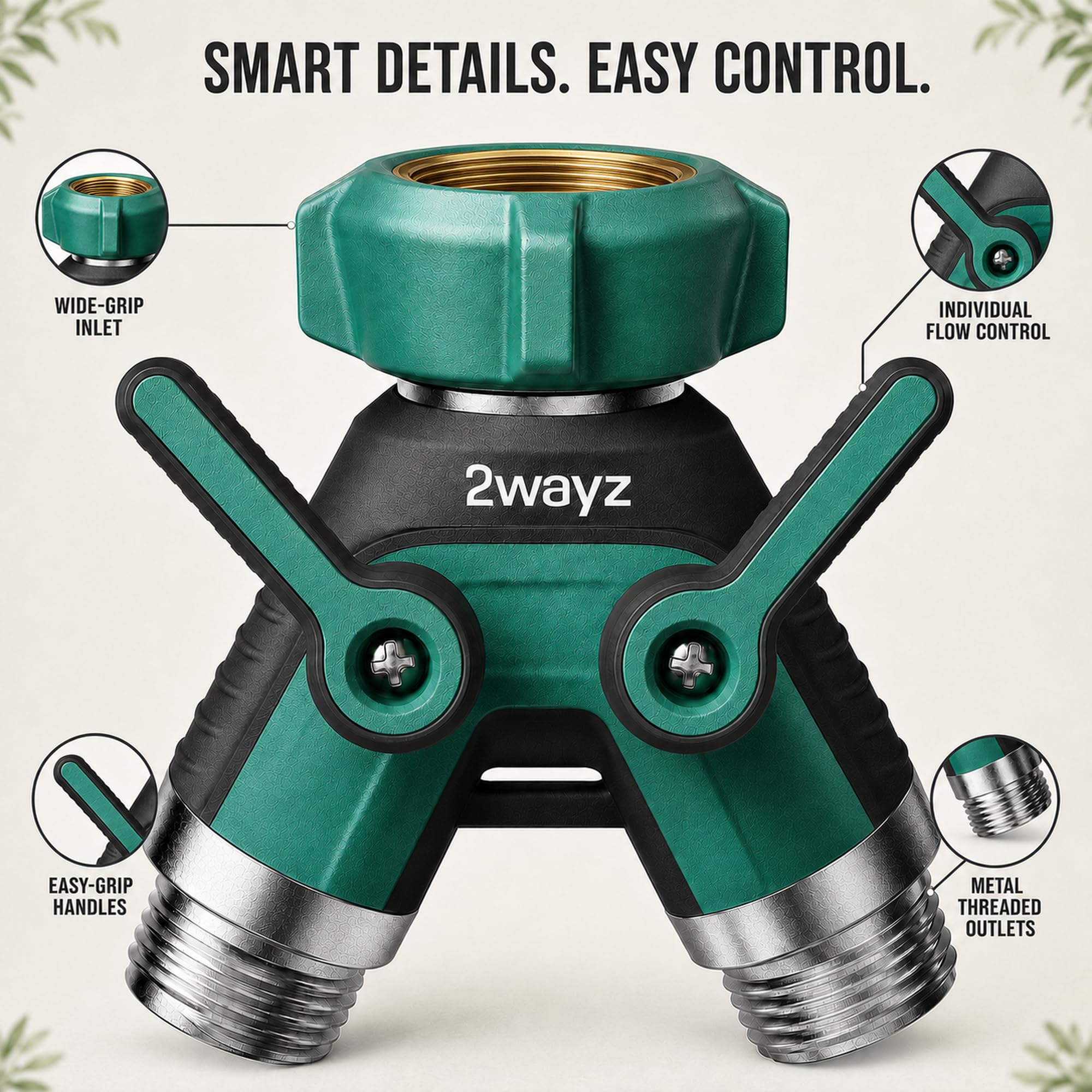 2WAYZ Dual Outlet Hose Splitter installed on garden faucet