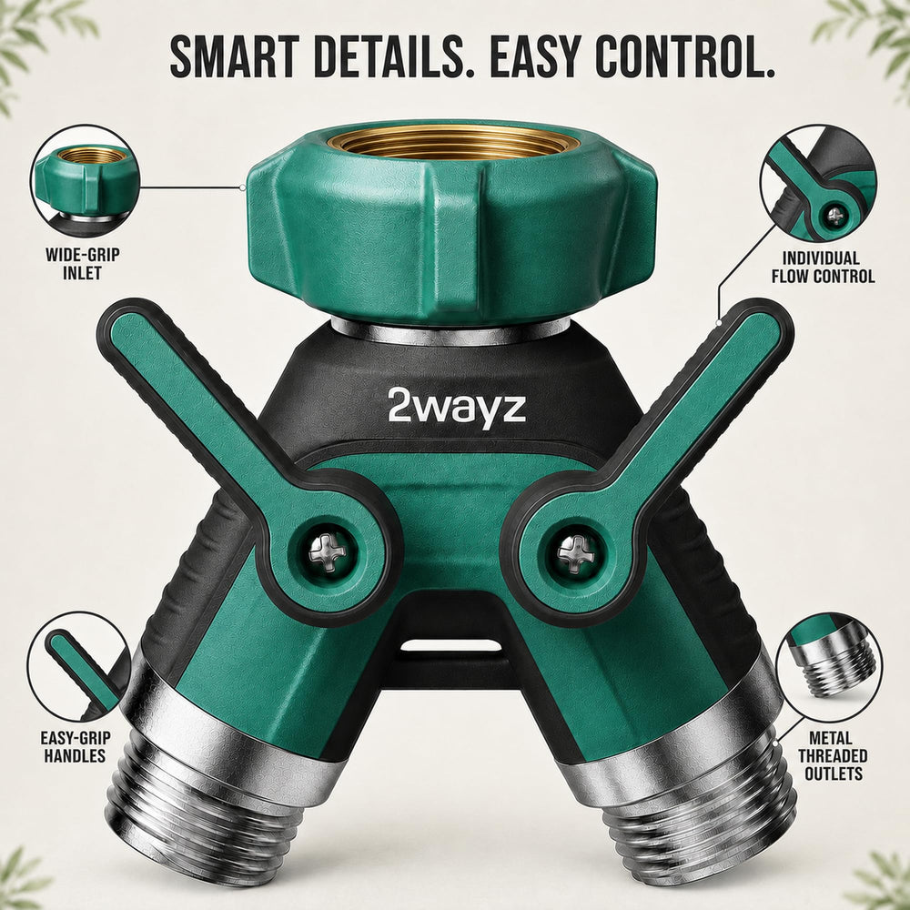 2WAYZ Dual Outlet Hose Splitter installed on garden faucet