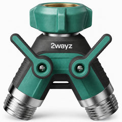 2WAYZ Dual Outlet Water Hose Splitter front view with brass finish