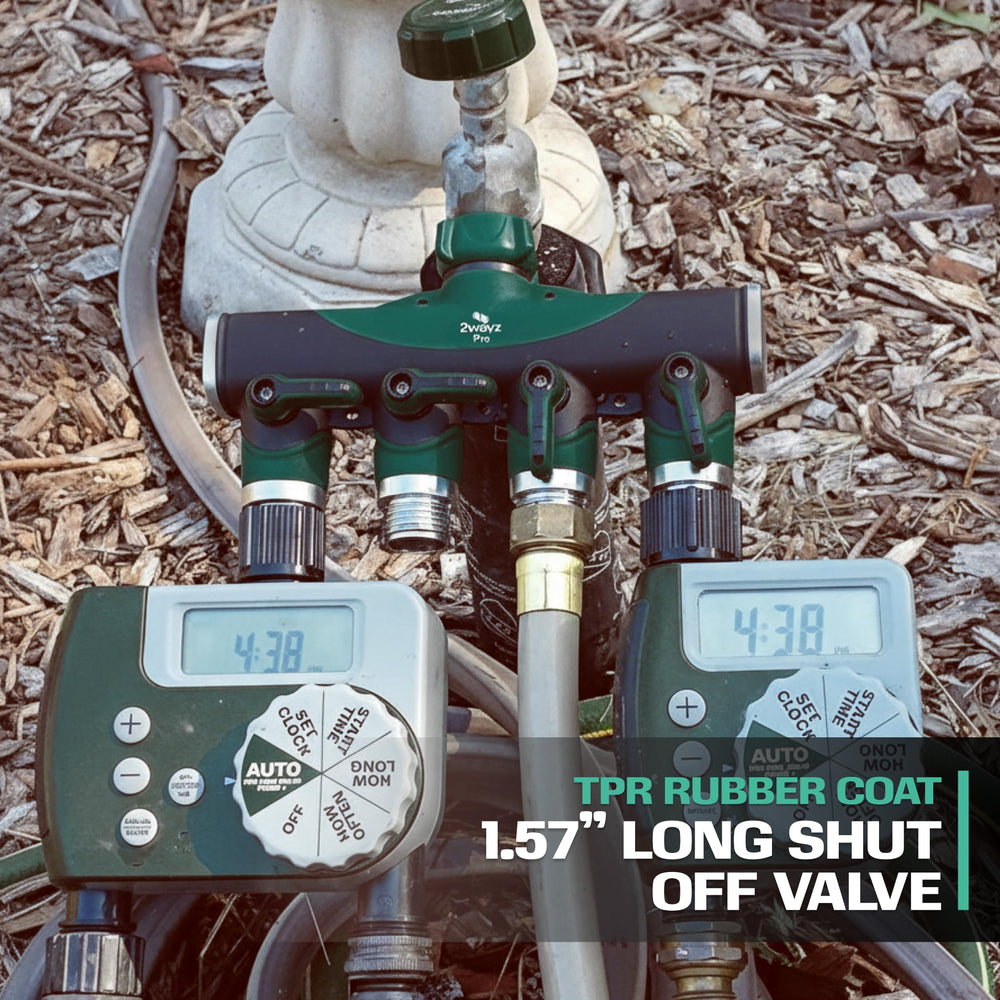 2WAYZ Dual Outlet Water Hose Splitter installed on a garden faucet
