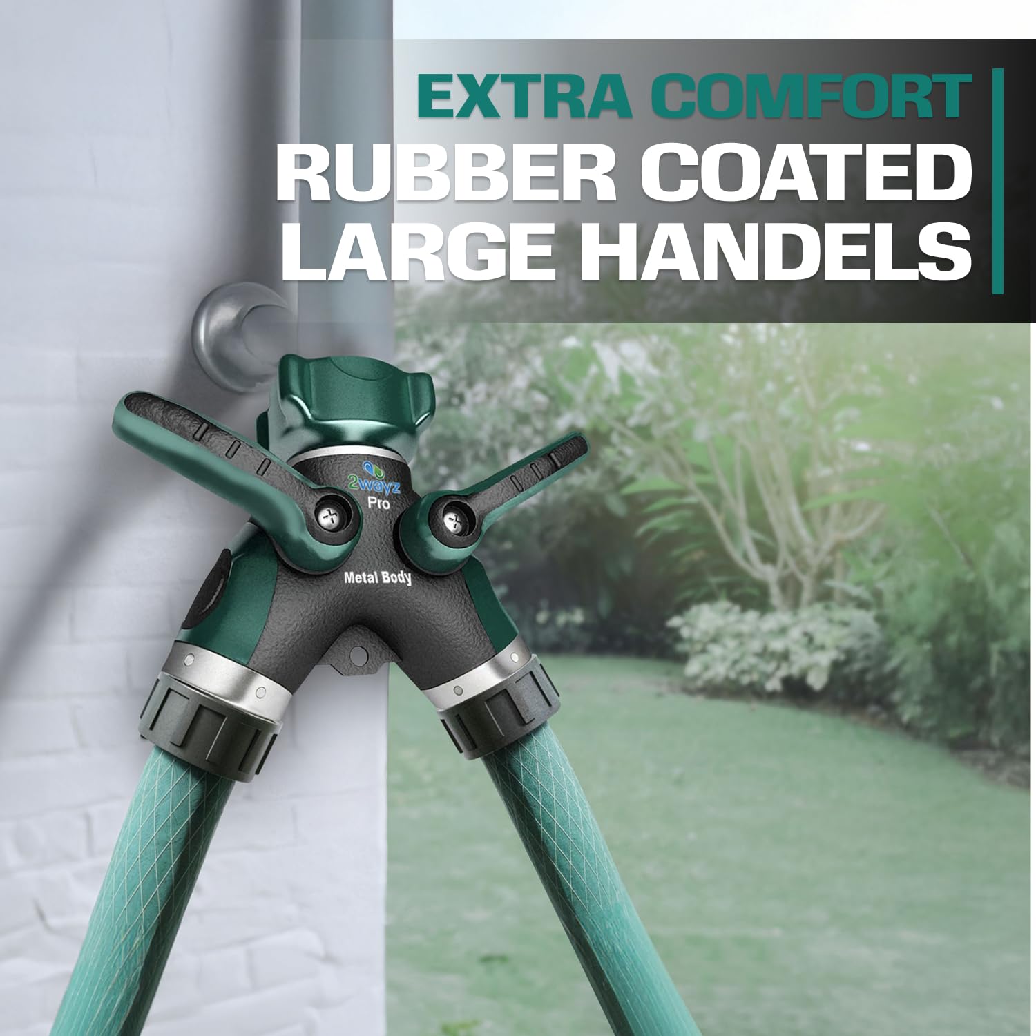 2WAYZ Hose Splitter in use connecting two garden hoses