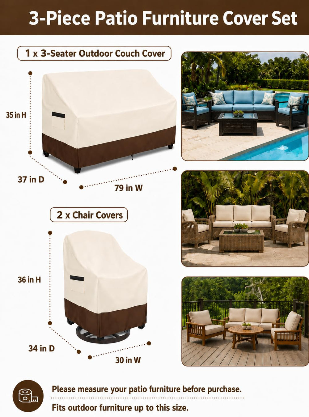 3-seater outdoor couch cover 79"W x 37"D x 35"H