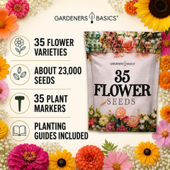 35 individual flower seed packets in professional packaging