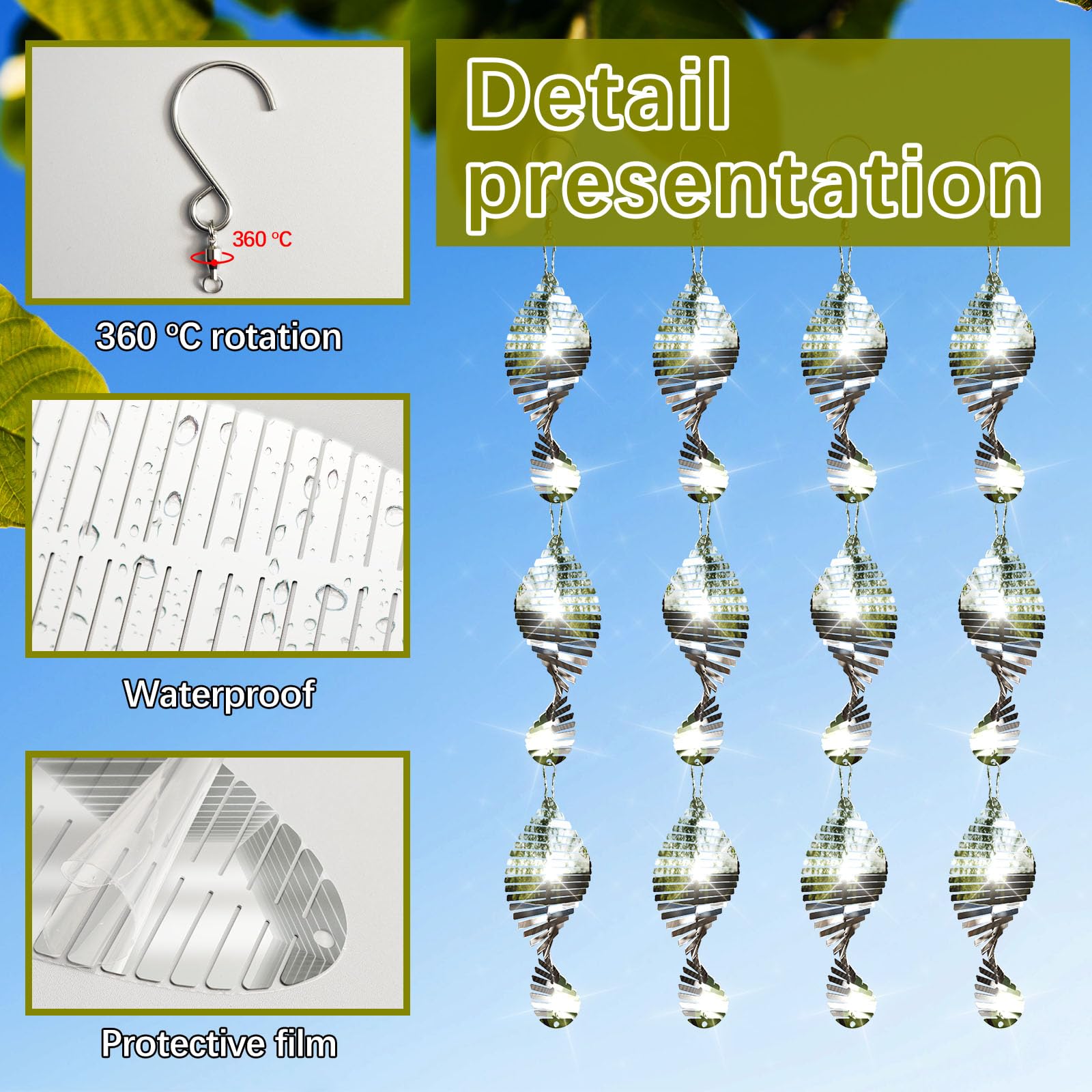 360° swivel hooks included with bird scare discs