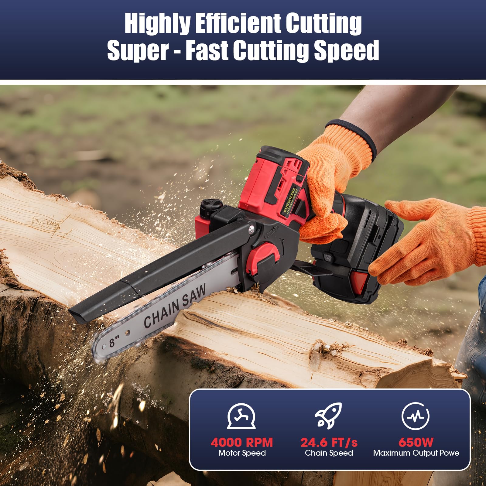 3D VO INN Mini Chainsaw Burgundy in use cutting branch