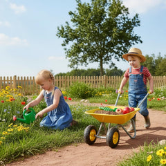 3T GROUP Kids Gardening Tool Set Wheelbarrow with a child pushing