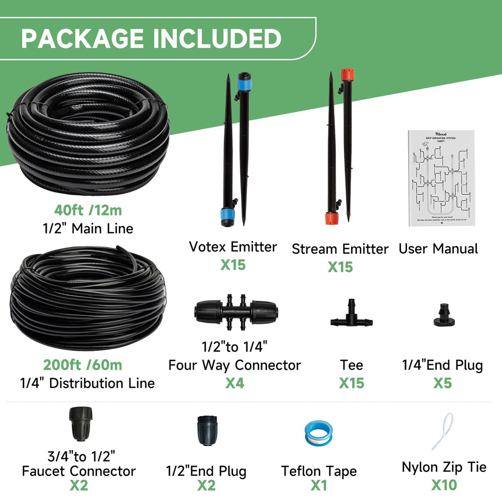 40FT main irrigation tubing included in Riboud drip system kit