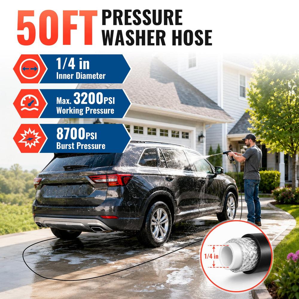 50FT pressure washer hose coiled for storage