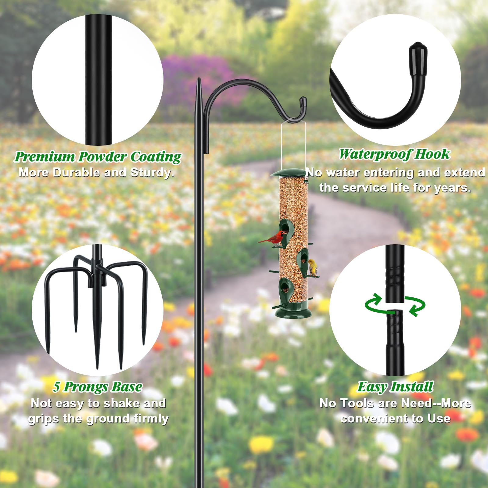 60-inch black steel shepherd hook in garden