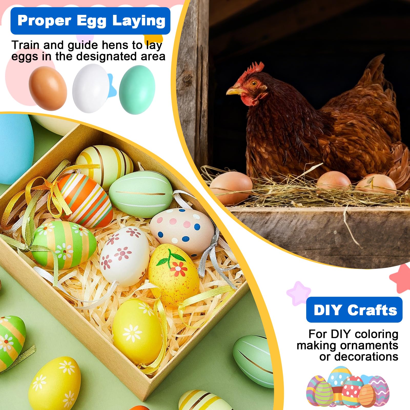 8PCS Wooden Fake Eggs shown in various crafting applications