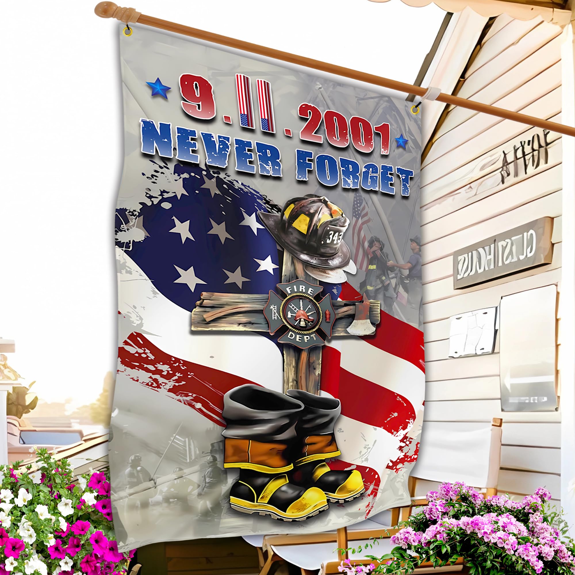 911 Never Forget Flag in a festive outdoor display