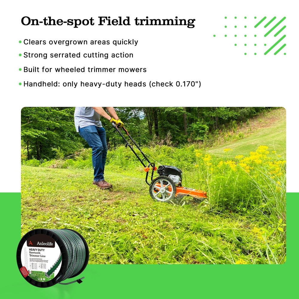 A ANLEOLIFE 170" sawtooth trimmer line in use on rough terrain
