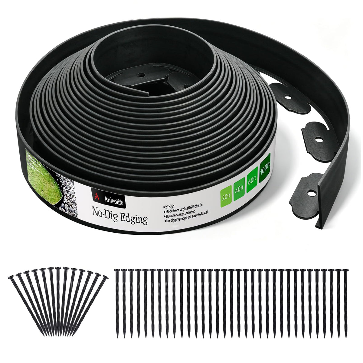 A ANLEOLIFE 40FT No-Dig Garden Landscape Edging with 48 Spikes in black
