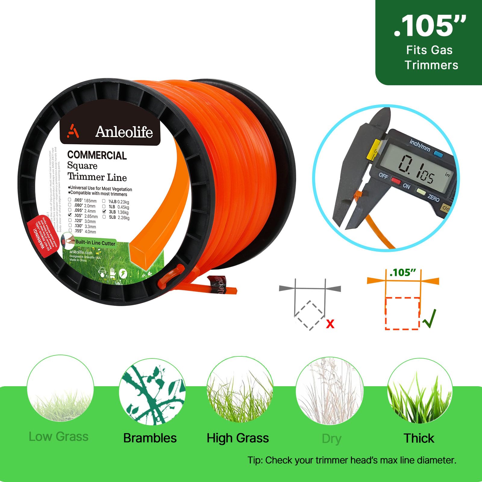 A ANLEOLIFE trimmer line 625 ft spool side view