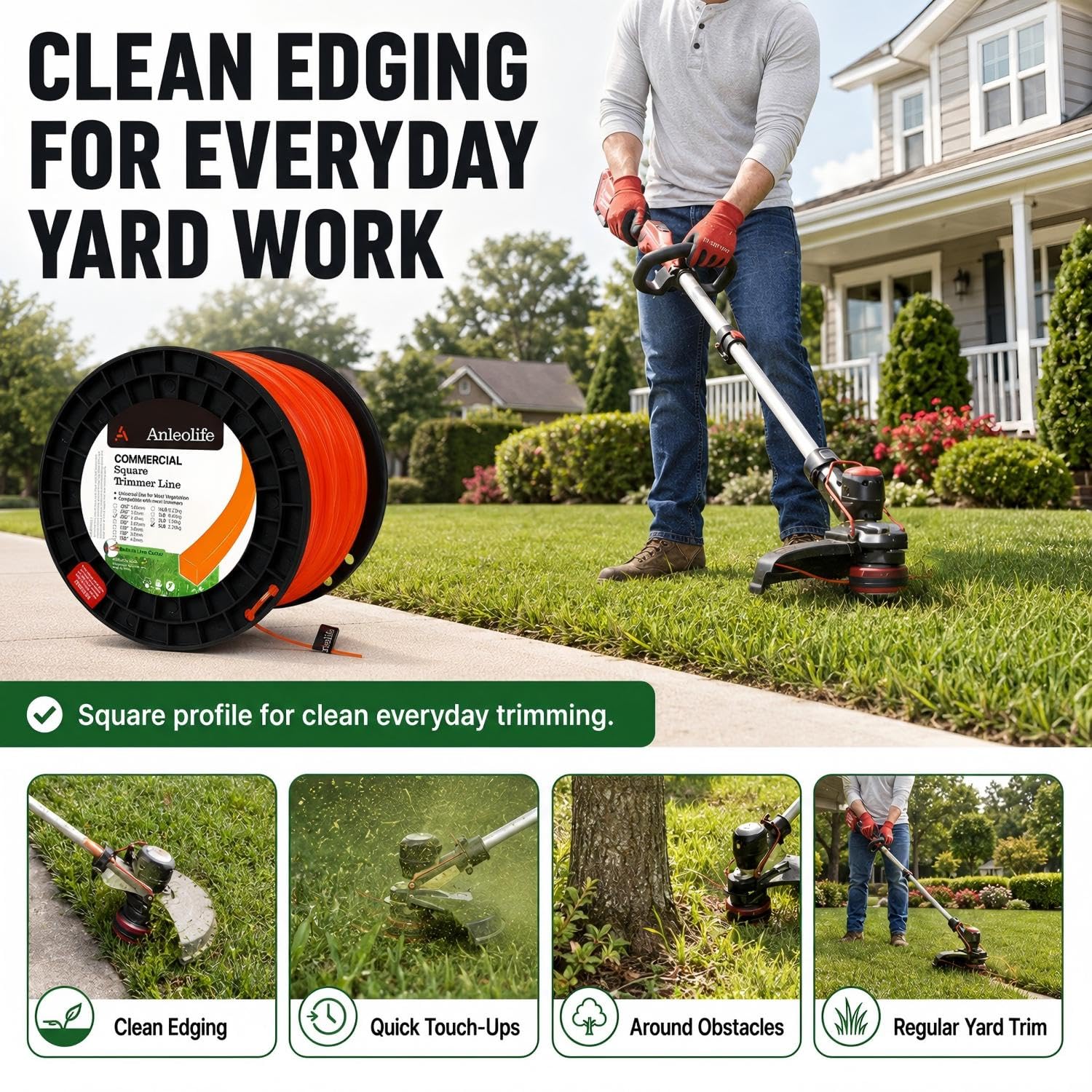 A ANLEOLIFE trimmer line in a garden setting, ready for use