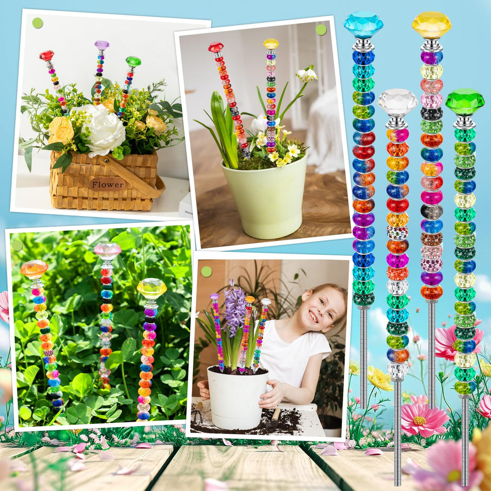 A completed beaded garden stake in a garden setting