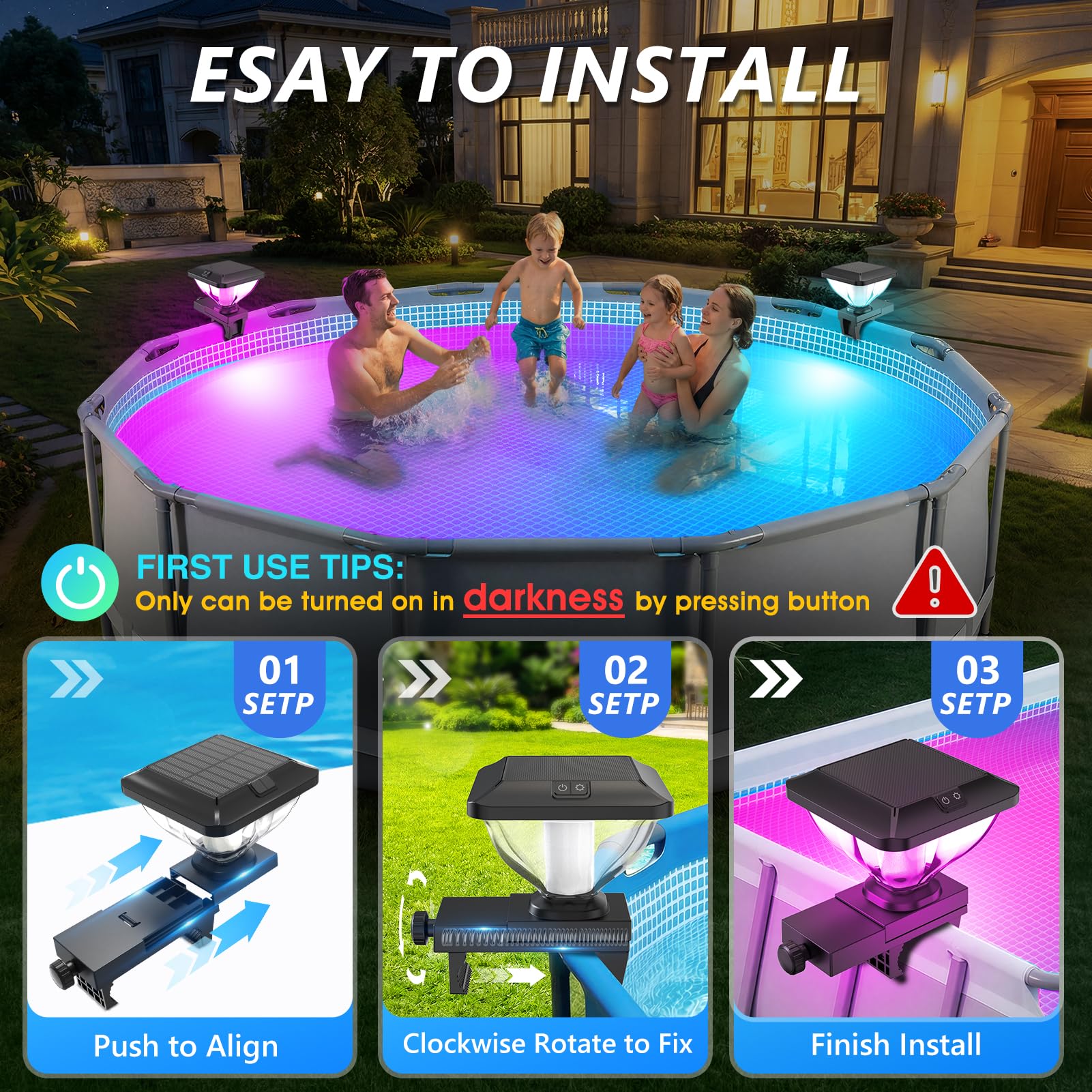A vibrant display of Pooldecor Solar Pool Lights in multi-colour mode