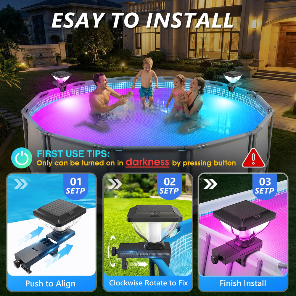 A vibrant display of Pooldecor Solar Pool Lights in multi-colour mode