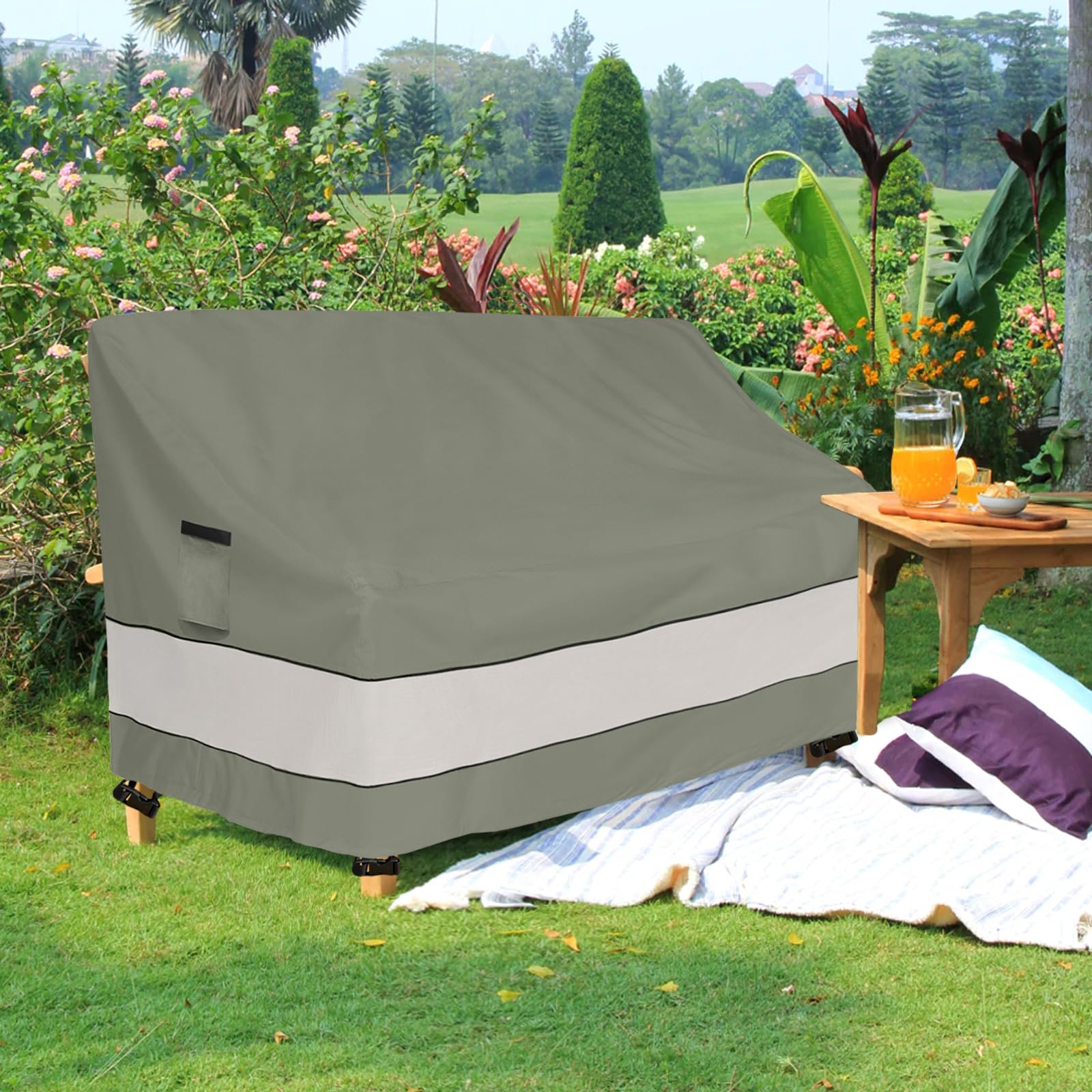 Aacabo Outdoor Sofa Cover dimensions displayed on a measuring tape