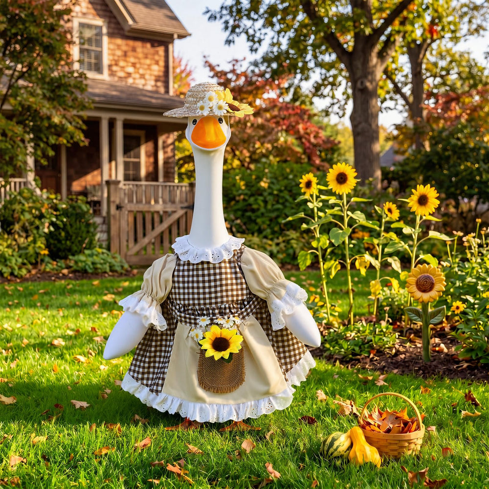 Abbylike sunflower porch goose outfit displayed in garden setting