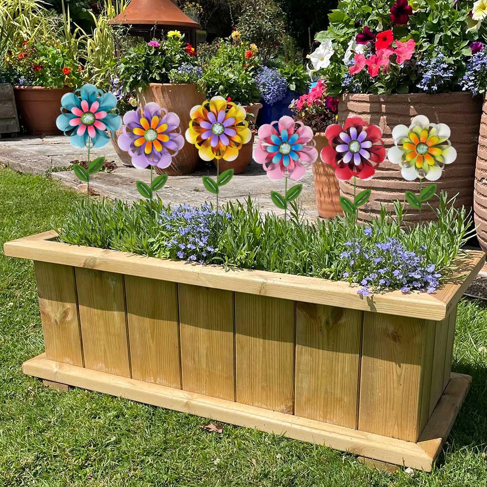 ABELOTS Metal Flower Garden Stakes colorful flower designs in a planter