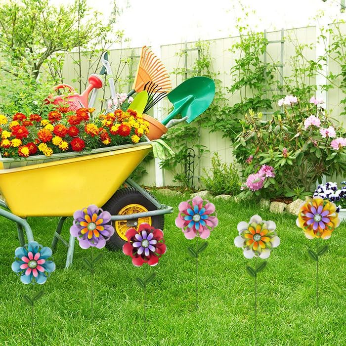 ABELOTS Metal Flower Garden Stakes set of six in garden