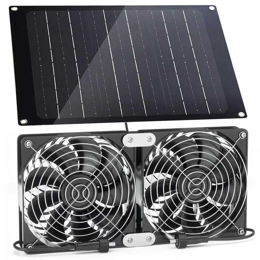 ABitmax Solar Powered Fan Kit with two black fans and solar panel