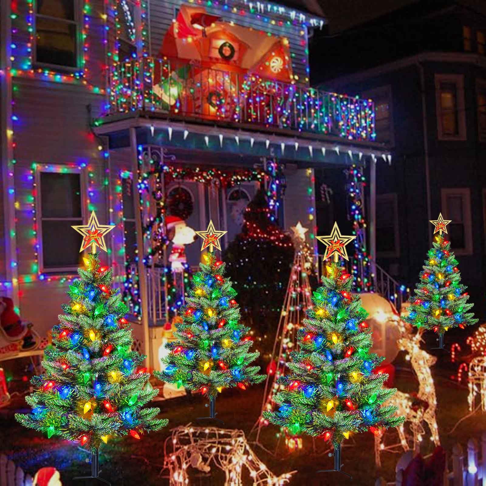 Abkshine Solar Christmas Trees set up in a garden