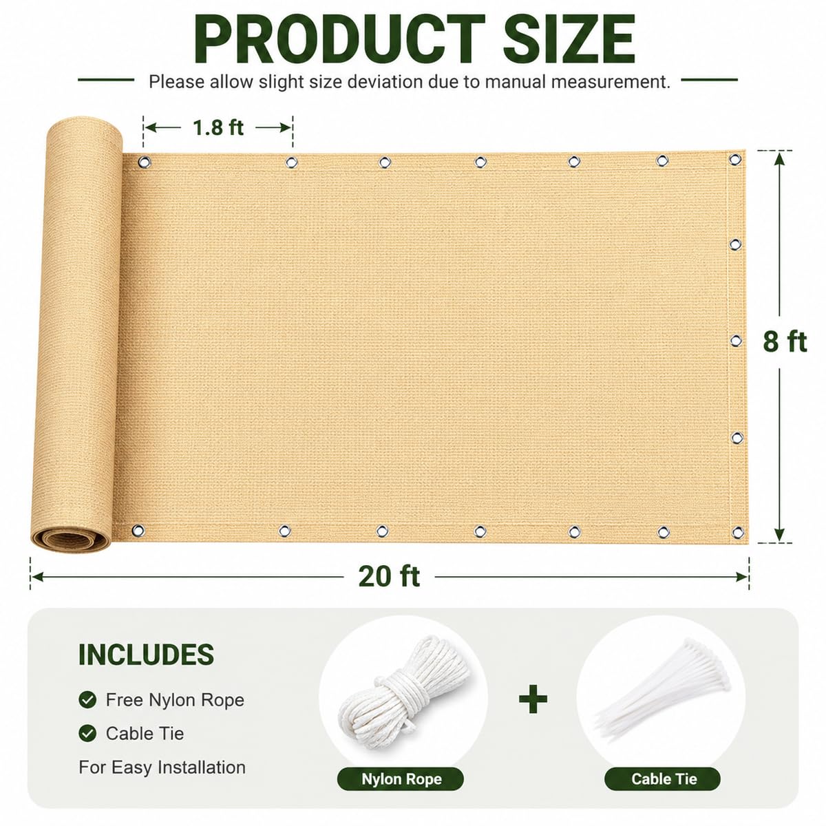 ABOSUN shade cloth packaging with dimensions listed