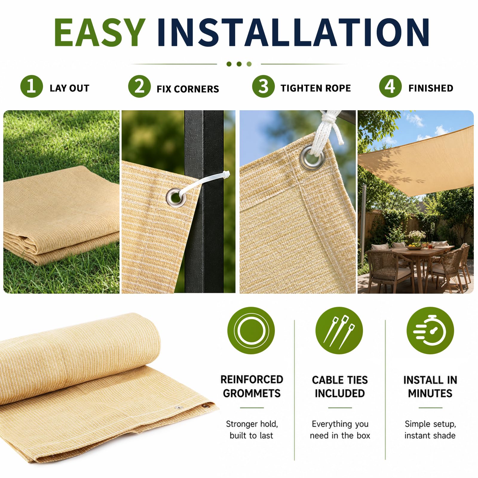 ABOSUN sun shade cloth rolled up for storage