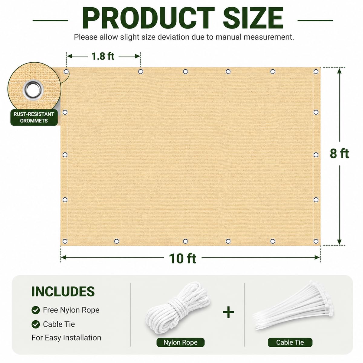 ABOSUN sun shade cloth with included ropes and ties