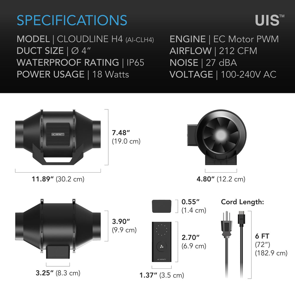 AC Infinity CLOUDLINE H4 4-inch duct fan with power cord