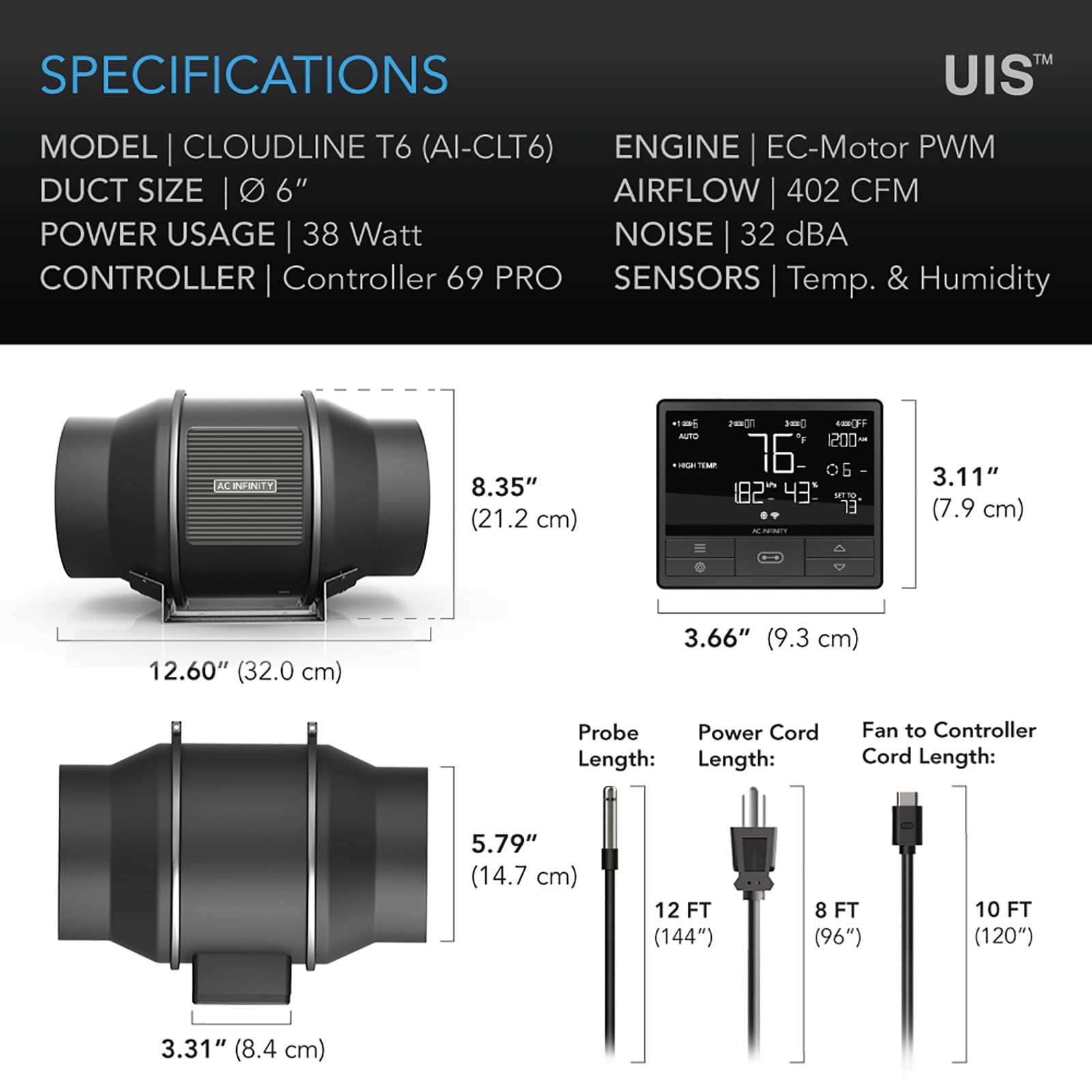 AC Infinity CLOUDLINE T6 inline duct fan dimensions displayed